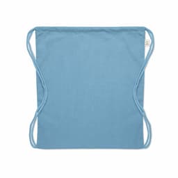 A drawstring bag in a soft blue colour with matching cord straps and a logo.