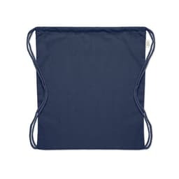A drawstring bag in a navy blue colour with matching braided cords for closure.