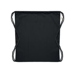 A drawstring bag in solid black fabric with adjustable cord straps and a simple design.