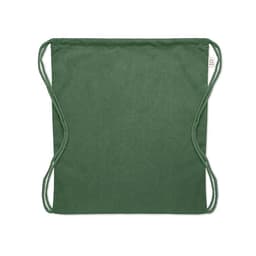 A drawstring bag in dark green fabric, featuring matching drawstrings on either side and a small tag on one corner.