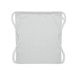 A grey fabric bag with drawstring handles and a simple design. It features a small logo tag.