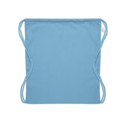 A drawstring bag in light blue with two drawstrings on either side and a simple design.