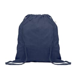 A drawstring bag in navy blue, made of fabric with adjustable straps and a simple design. It features a logo.