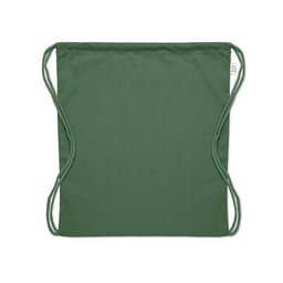A green drawstring bag with a simple design and adjustable cords on either side.