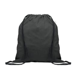 A black drawstring bag featuring two adjustable straps and a simple design. It has a tag but no visible branding.