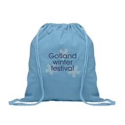 A blue drawstring bag featuring a logo and the text "Gotland winter festival."