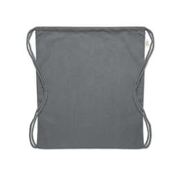A grey drawstring bag with two matching cords on either side. The bag has a simple design and a small logo.