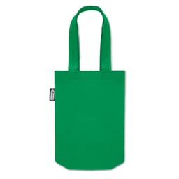 A green felt tote bag with two handles and a tag on the side.