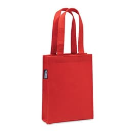 A red felt tote bag with two handles and a logo on one side.