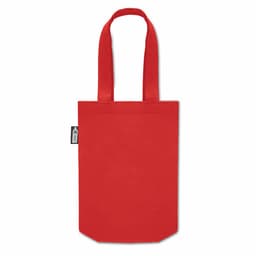 A red tote bag with two handles and a small label, featuring a minimalist design.