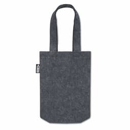 A dark grey felt tote bag with two shoulder straps and a small tag.
