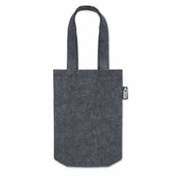 A grey felt tote bag with two handles and a small branded tag on the side.