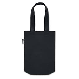 A black tote bag with two handles and a small logo. It has a rectangular shape and a flat base.