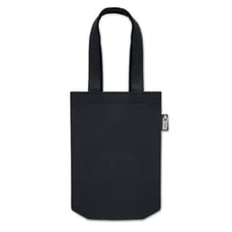 A black felt tote bag with two handles and a small tag on the side.