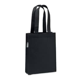 A black tote bag with two handles and a logo, featuring a structured design.