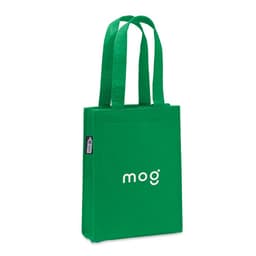 A green felt tote bag with two handles and a logo on the front.