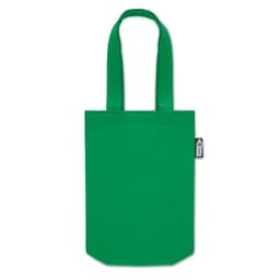 A green tote bag with two handles and a brand tag on the side.