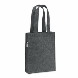 A grey felt tote bag with two handles and a side branding logo.
