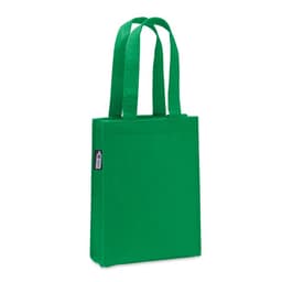 A green felt tote bag with two shoulder straps and a branding label on the side.