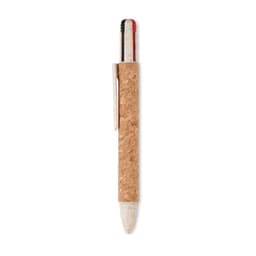 A pen with a cork barrel, featuring black, red, and white writing ends. It has a clip for easy attachment.
