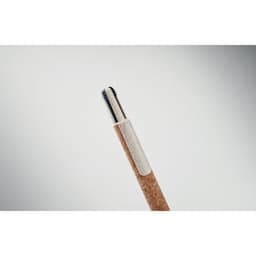 A pen with a cork grip and a silver tip, featuring a minimalistic design and a subtle branding element.