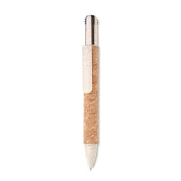 A pen featuring a cork body and a white top, with blue and red ink options. It includes a logo on the body.