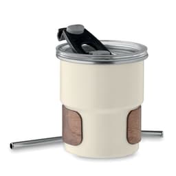 A drink bottle in cream with a wood-accented grip and a metal straw, featuring a lid with a flip-top design.