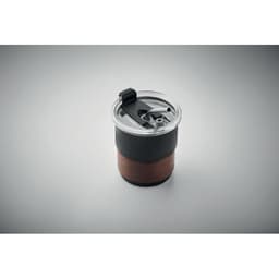 A drink bottle in black with a wooden finish, featuring a clear lid and a straw opening, positioned on a grey background.