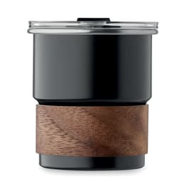 A drink bottle in black with a wooden band around the middle and a clear lid. It features a logo on the side.