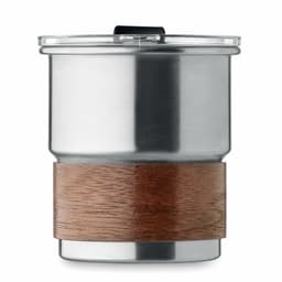 A drink bottle with a stainless steel body and a wooden band around the middle. It features a transparent lid.