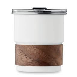 A drink bottle featuring a white body and a wooden band, topped with a silver lid. It has a logo on it.