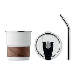 A drink bottle in white with a wooden band and a stainless steel straw, featuring a clear lid.