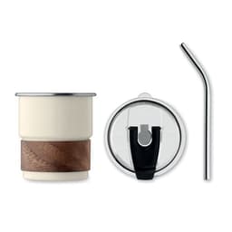 A drink bottle in cream with a wooden band, featuring a clear lid and a metal straw.
