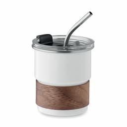 A drink bottle featuring a white body, a wood accent, and a metal straw, topped with a clear lid.