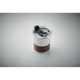 A drink bottle with a silver body and a brown silicone grip, featuring a black, pull-top lid.