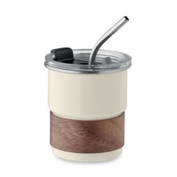 A drink bottle in cream with a wood band and metal straw, featuring a clear lid and internal straw mechanism.