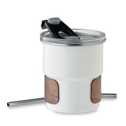 A drink bottle with a white body, wooden sleeve, metal straw, and screw top lid. It features a logo.