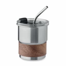 A drink bottle featuring a stainless steel body, a wooden base, and a straw, along with a logo on the lid.