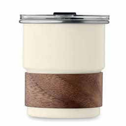 A drink bottle featuring a cream body and a wooden band, topped with a silver lid. It has a logo on the side.