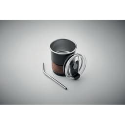 A drink bottle with a black exterior, wooden band, clear lid, and stainless steel straw. It has a logo on the lid.