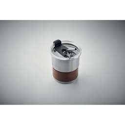 A drink bottle with a silver top and a brown cylindrical body, featuring a lid with a straw opening and a logo.