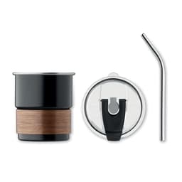 A drink bottle in black with a wooden band, featuring a clear lid and metal straw. It includes a logo.
