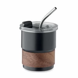 A drink bottle featuring a black top, wooden base, and a metal straw, with a lid and a logo.