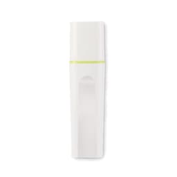 A drink bottle in white with a green accent, featuring a smooth, streamlined design and a logo.