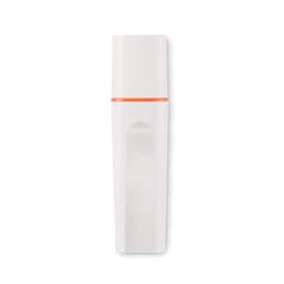 A drink bottle in white with an orange accent, featuring a sleek, modern design and a logo.