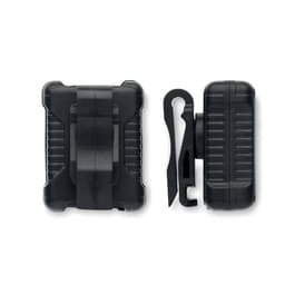 A drink bottle in black with a clip design, featuring a textured exterior and a compact shape.