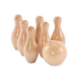 A set of wooden tenpin bowling pins and a matching bowling ball, all in a natural wood finish.