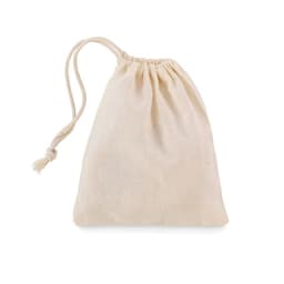 A drawstring bag made of natural cotton fabric in a neutral beige colour. It has a simple, unadorned design.