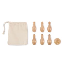 A set of wooden bowling pins and a ball, arranged alongside a natural fabric storage pouch.