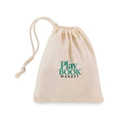 A drawstring bag in natural beige, featuring a logo in green. The bag is made of fabric and tightly closed at the top.